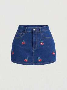MOD Falda vaquera casual con bolsillo bordado con cerezas para mujer - Azul - Ver 3