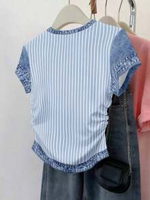 Set de 3 blusas de mujer con estampado de rayas, cuadros y gráficos, de manga corta y con efecto de cintura ceñida - Multicolor 14 - Ver 6