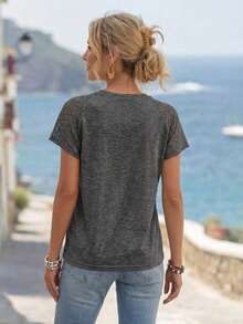 Elegante Camiseta Ajustada Con Patchwork De Encaje Y Manga Corta - Gris Oscuro - Ver 2