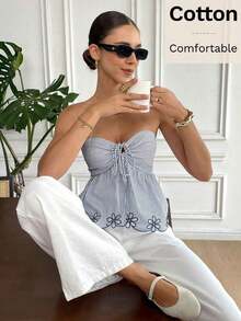 Top camisole de mujer con estampado, bordado y rayas, ideal para vacaciones con lazo delantero - Azul marino - Ver 7