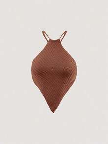 Blusa de punto de mujer de verano con cuello halter, dobladillo asimétrico y unicolor - Café integral - Ver 1