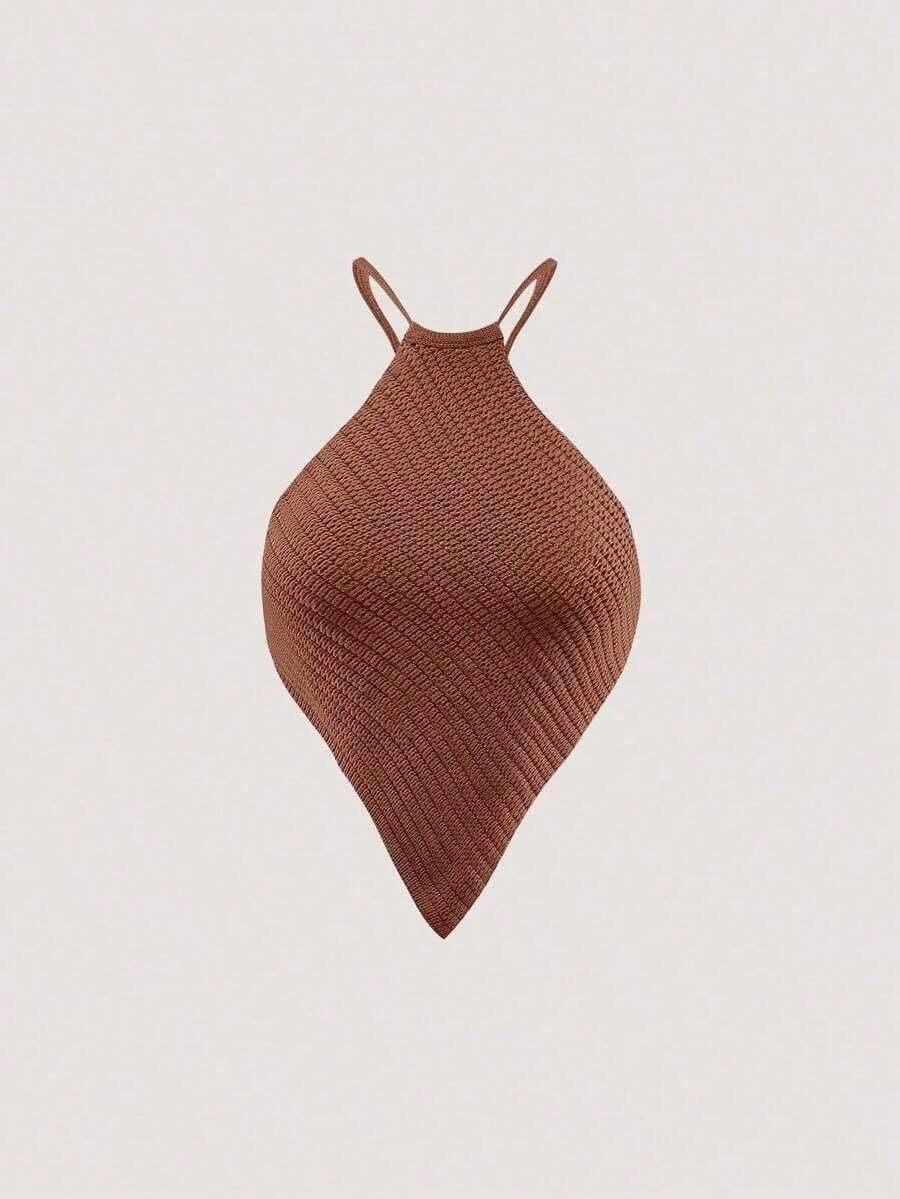 Blusa de punto de mujer de verano con cuello halter, dobladillo asimétrico y unicolor - Café integral - Ver 1