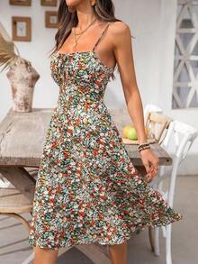 Vestido ajustado de mujer con tirantes finos y estampado floral, vestido vintage con espalda descubierta y bajo con abertura para fiesta/cita - Multicolor 2 - Ver 4