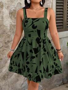 Vestido de talla grande con estampado, lazo en la cintura y decoración para mujeres de vacaciones - Verde militar - Ver 4