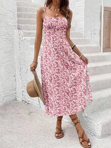 Vestido casual de media longitud con abertura alta y estampado floral ditsy para vacaciones de mujer, ropa de verano para mujer, conjunto de vacaciones para mujer - Multicolor 2 - Ver 3