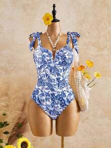 Swim Basics 1 pieza Traje de baño de una sola pieza con estampado sólido y floral y tirantes de espagueti anudados para mujer - Multicolor 2 - Ver 7