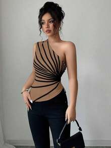 Blusa de punto con estampado de hombro oblicuo elegante para vacaciones de verano para mujer - Marrón - Ver 1