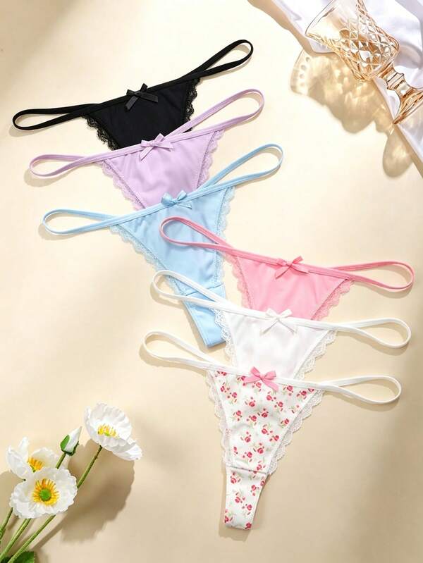 Aesletic 6pcs Comfortable Solid Color/Floral Print Women's Thong Panties