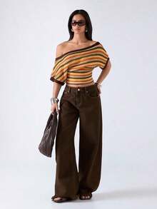 Blusa de malla ajustada con mangas de murciélago, cuello irregular, estampado de rayas y bloques de color, estilo casual de playa y vacaciones para mujer - Multicolor 4 - Ver 3