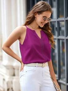 Clasi Top de tirantes con cuello en V y espalda al aire de encaje guipur contrastante - Rojo violeta - Ver 4