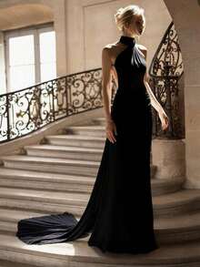 Nuevo elegante vestido largo de satén de unicolor para mujer con cuello halter, botones, cintura alta, espalda descubierta y cintura ceñida, adecuado para bodas, galas, citas y otras ocasiones, color negro primaveral - Negro - Ver 2