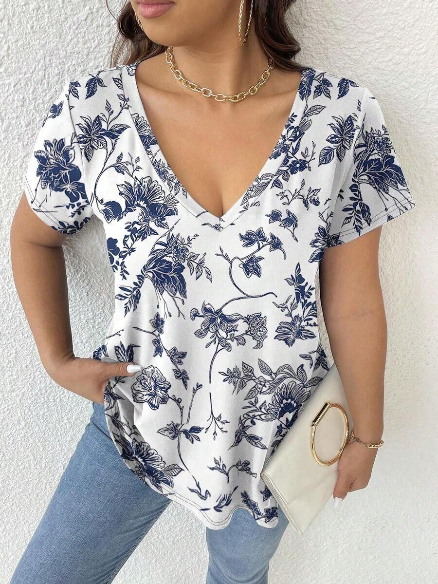 Camiseta de mujer de talla grande con cuello en V y estampado - Multicolor - Ver 1