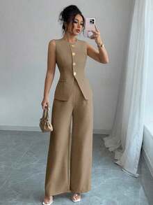 Conjunto de 2 piezas elegante estilo francés con botón con diseño de flor para tiempo libre/commuter para mujer - Marrón - Ver 1