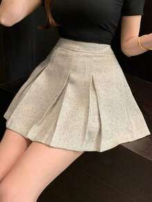 Falda pantalón plisada de unicolor para mujer con estilo informal universitario - Blanco - Ver 2