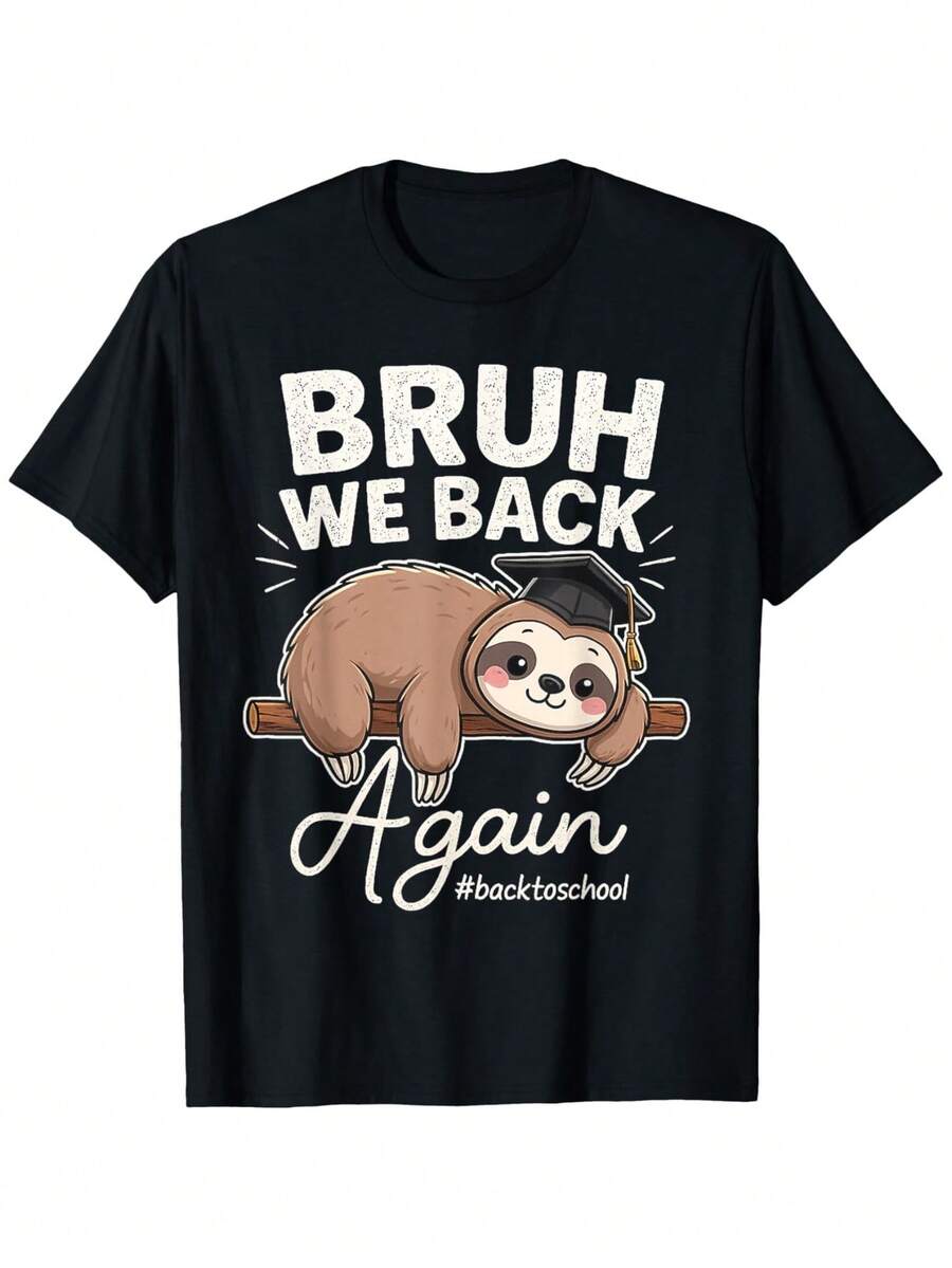 Funny Sloth T-Shirt With The Phrase "Brothers, Here We Are Again" - Unisex And Soft 100% Cotton T-Shirt For Toddlers, Suitable For Men And Women, Can Be Used As A Birthday Gift, For School, Ramadan Or Carnival, Casual T-Shirt With Sloth Print And Round Neck (Machine Washable). - 黑色 - 查看 1