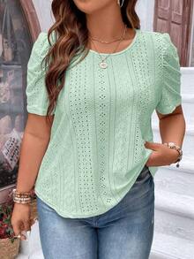 Camiseta con bordado con ojal de manga farol - verde menta - Ver 8
