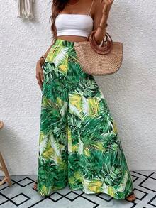 Pantalones de pierna ancha con estampado tropical - Verde 2 - Ver 1