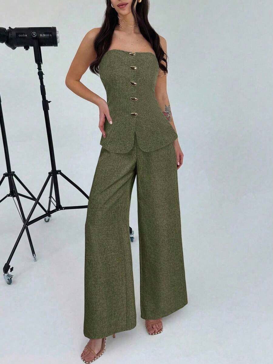 Conjunto de 2 piezas para mujer con top bandeau con botones metálicos elegantes y minimalistas, y pantalones anchos de talle alto en caqui, adecuado para la oficina, el ocio y las vacaciones - Verde militar - Ver 1