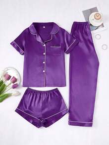 Conjunto de pijama de 3 piezas para mujer con cuello de seda falsa de unicolor y ribete contrastante - Morado - Ver 7