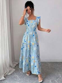 YHHElenzga Vestido de mujer con cuello cuadrado, cintura ceñida y mangas de campana, con estampado multicolor. Elegante y sofisticado, adecuado para el Día de San Valentín, Pascua, Carnaval, Día del Trabajo, regalos de cumpleaños, citas, fiestas, ocasiones formales, atuendos de maestro, viajes, primavera/veranoYHH - Multicolor - Ver 6