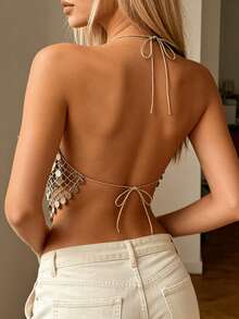 Sequin Halter Tops For Women Cowl Neck Tie Up Backless Sparkle Cami Tops For Rave Nightclub - 金色 - 查看 4