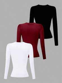 3 pack playeras dama blusa manga larga ultra comoda liguera moda minimalista basica estilo unico basico dulce divertido colorido ideal cita cumpleaños fiesta - Multicolor(VinoNegroBlanco) - Ver 2