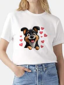 Camiseta de estilo casual para hombre con estampado de perro sonriente y corazones rojos ideal para uso diario en primavera y verano perfecta como regalo para amantes de las mascotas - Blanco - Ver 3