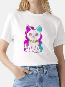 Camiseta de estilo casual para hombre con estampado de gato de colores vibrantes y diseño moderno ideal para uso diario en primavera y verano perfecta como regalo para amantes de los animales y moda urbana - Blanco - Ver 3