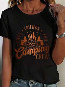 Camiseta de Camping Crew Blanca con Estampado de Friends Fun Camping Crew para Aventuras al Aire Libre y Amantes de la Naturaleza, Ropa de Verano Fresca para Mujer - Negro - Ver 2