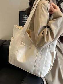 EMERY Bolso de lona tipo tote de gran capacidad de la marca X Milania para mujeres, reutilizable, adecuado para uso diario y viajes, bolso de estudiante, diseño deúltiples compartimen - Beis - Ver 4