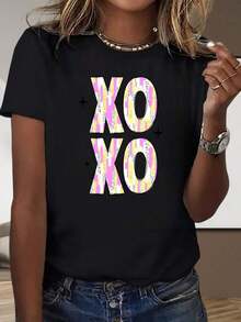 Camiseta de manga corta informal para mujer, con estampado gráfico de patrón rosa y dorado, estilo casual, para el hogar y el exterior, regalo para fiestas y vacaciones. - Negro - Ver 3