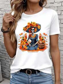 Women's Short-Sleeved T-Shirt, Casual, For Home And Outdoor Activities, With Day Of The Dead Catrina Design, Female Skeleton With Flowers And Basket, White T-Shirt, Ideal For Leisure, Outdoor Activities, Vacation, Parties, Gift. - 白色 - 查看 5