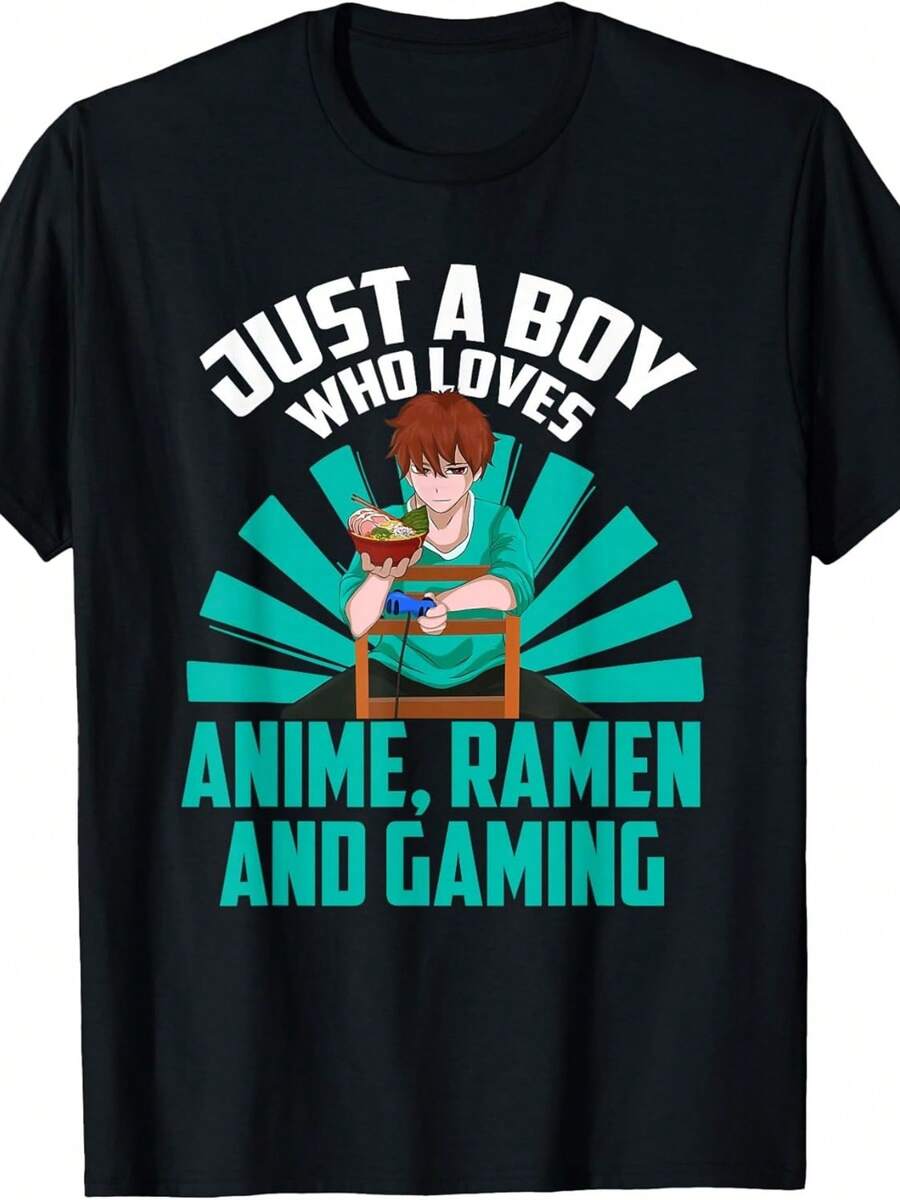 Camiseta Deportiva Casual para Mujer - Camiseta Negra Elástica con Diseño de Niño Gamer, Hamburguesa y Texto de Anime, Cuello Redondo, Lavable aáquina, Ajuste Cómodo para Todas las Estaciones, para Amantes de los Videojuegos y la Cultura Geek. - Negro - Ver 1