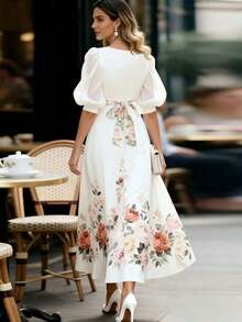 Vestido elegante de mujer con cuello en V, mangas abullonadas y estampado floral - Negro - Ver 9