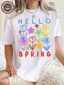 Camiseta Cozy Comfy Lounge para Mujer con Estampado Floral Colorido de Primavera, Camiseta de Verano de Algodón Puro con Cuello Redondo para Mujer, Top Casual de Manga Corta, Estilo Único para Uso Diario, Corte Holgado, Transpirable y Suave, Atuendo para Vacaciones, Ropa Suave y Relajada para el Hogar. - Negro - Ver 7