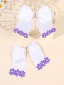 2pcs/Set White Bow Hair Clips For Girls, Cute Blue Flower Decor Bow Hair Clips, Exquisite Pearl Rhinestone Flower Decor Alligator Clips, Ribbon Hair Clips Party Hair Accessories Wedding Headwear For Girls And Teens - Multicolor - View 2