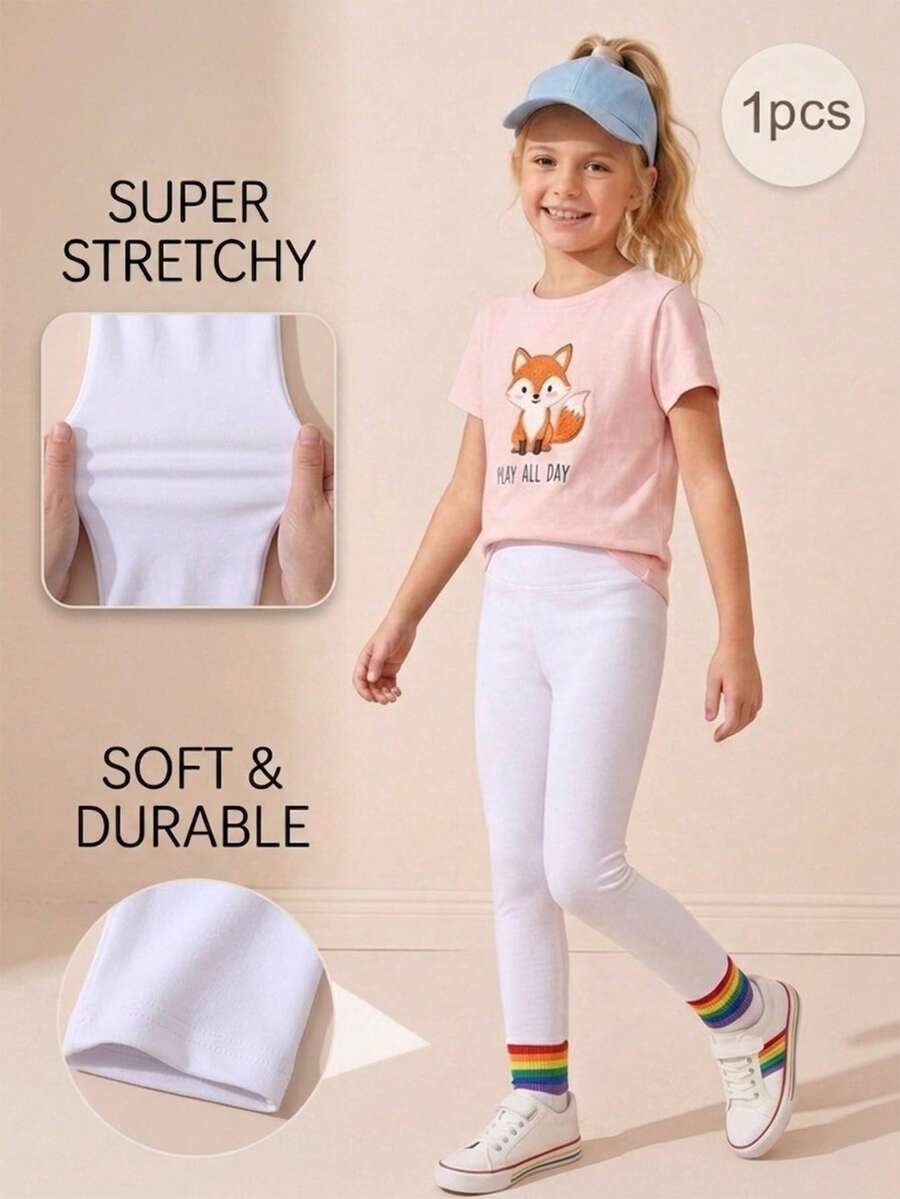 1 chiếc quần legging co giãn màu trơn cho bé gái, quần yoga cho thiếu nữ, quần thể thao mềm mại thường ngày cho trẻ em, trang phục cơ bản hàng ngày. - trắng - Xem 1