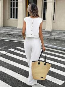 Conjunto de 2 piezas de chaleco y pantalones a cuadros casuales de vacaciones para mujer - Blanco - Ver 6