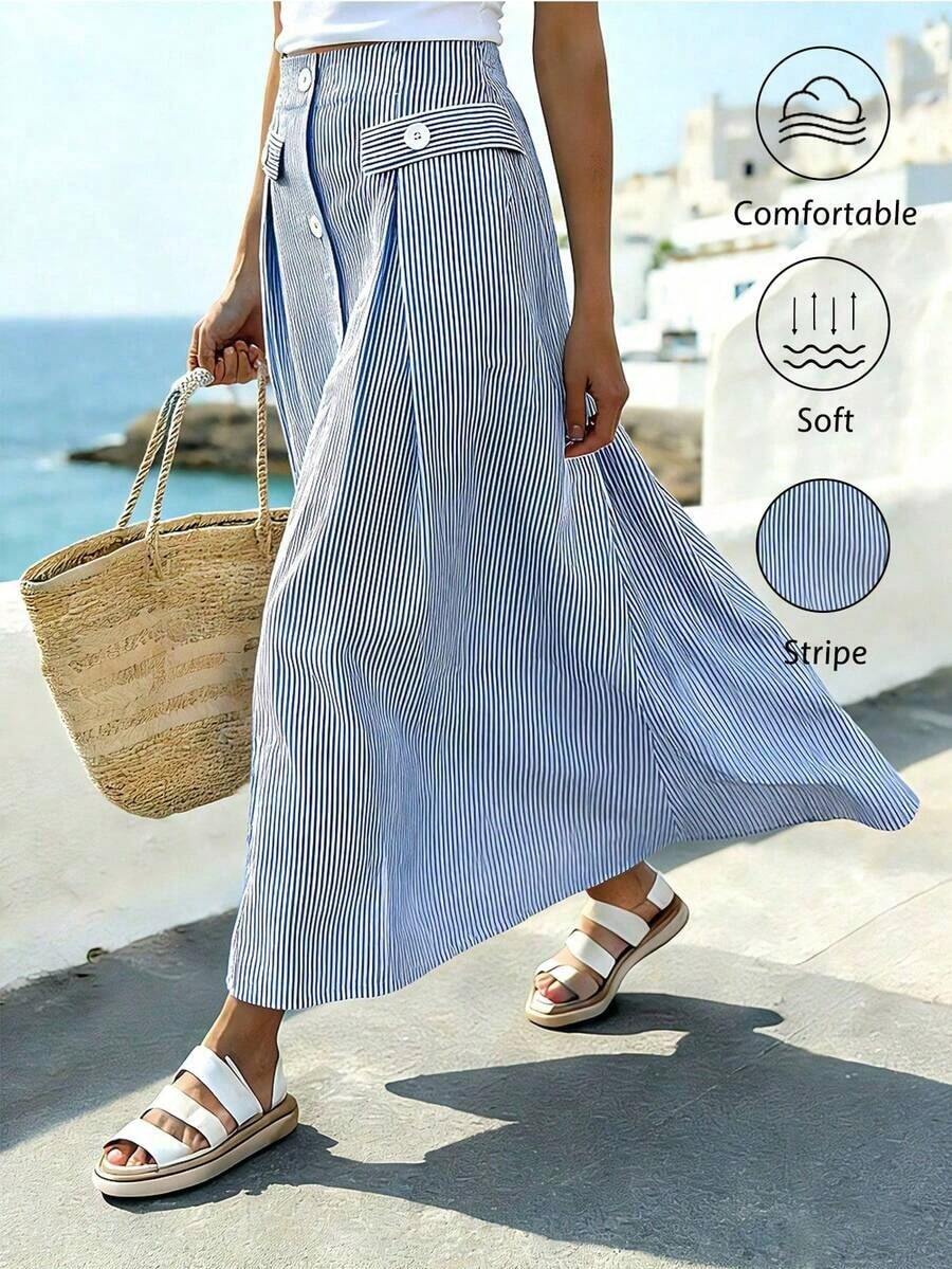 Women's Casual A-Line Skirt With Striped Front Buttons - 酒紅色 - 查看 1