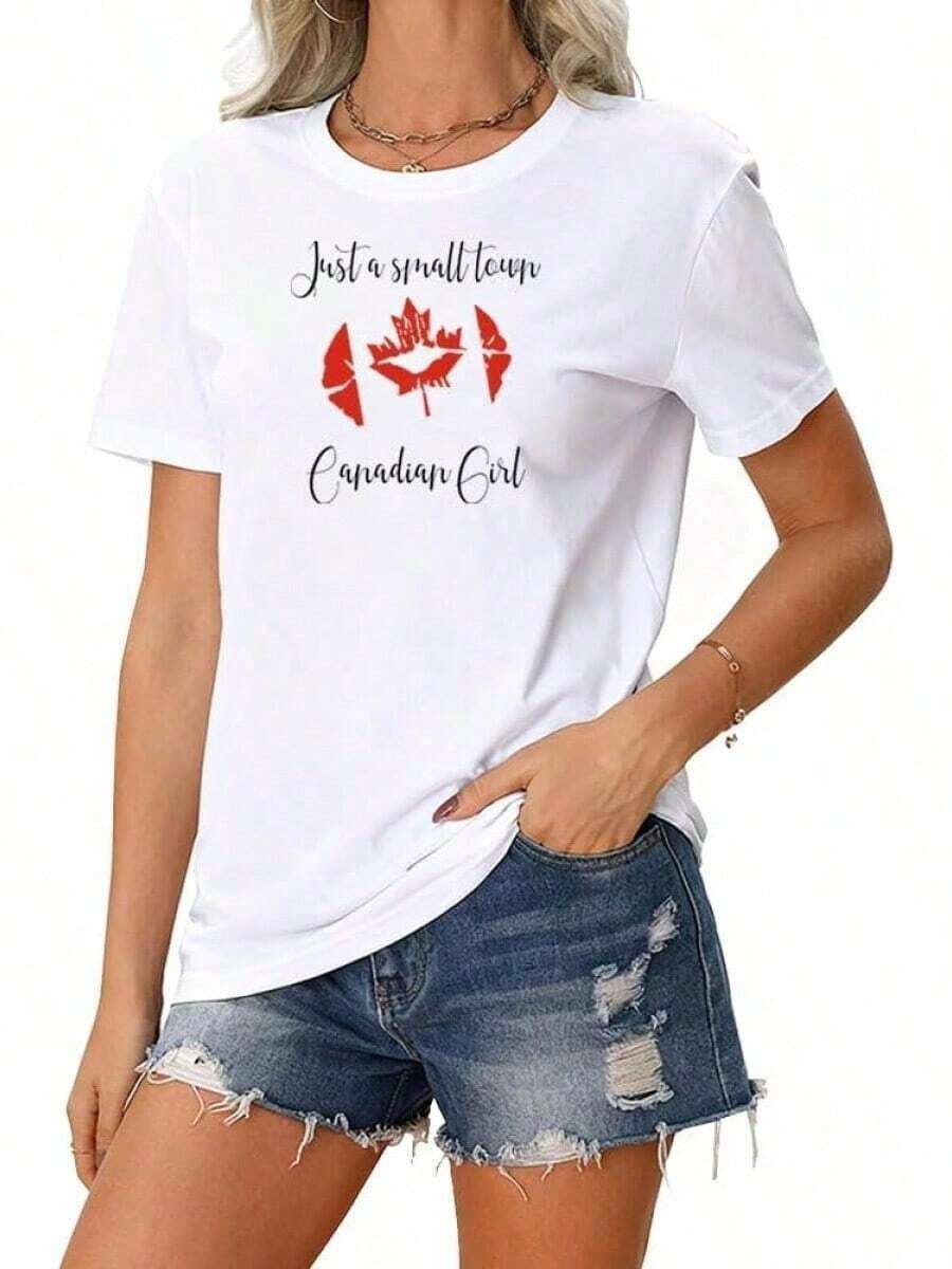 Under The Radar Just A Small Town Women's Canadian Plus Size T-Shirt, Maple Leaf Lips Graphic Tees, Casual Canada Day Tees - Vintage Street Style Unisex Loose Cotton Short Sleeve Crew Neck T-Shirt - Vintage Street Style Unisex Loose Cotton Short Sleeve Crew Neck T-Shirt - 白色 - 查看 1