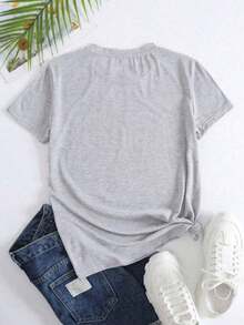 Camiseta de manga corta con cuello redondo y bordado de sol de playa para mujer - Gris Claro - Ver 2