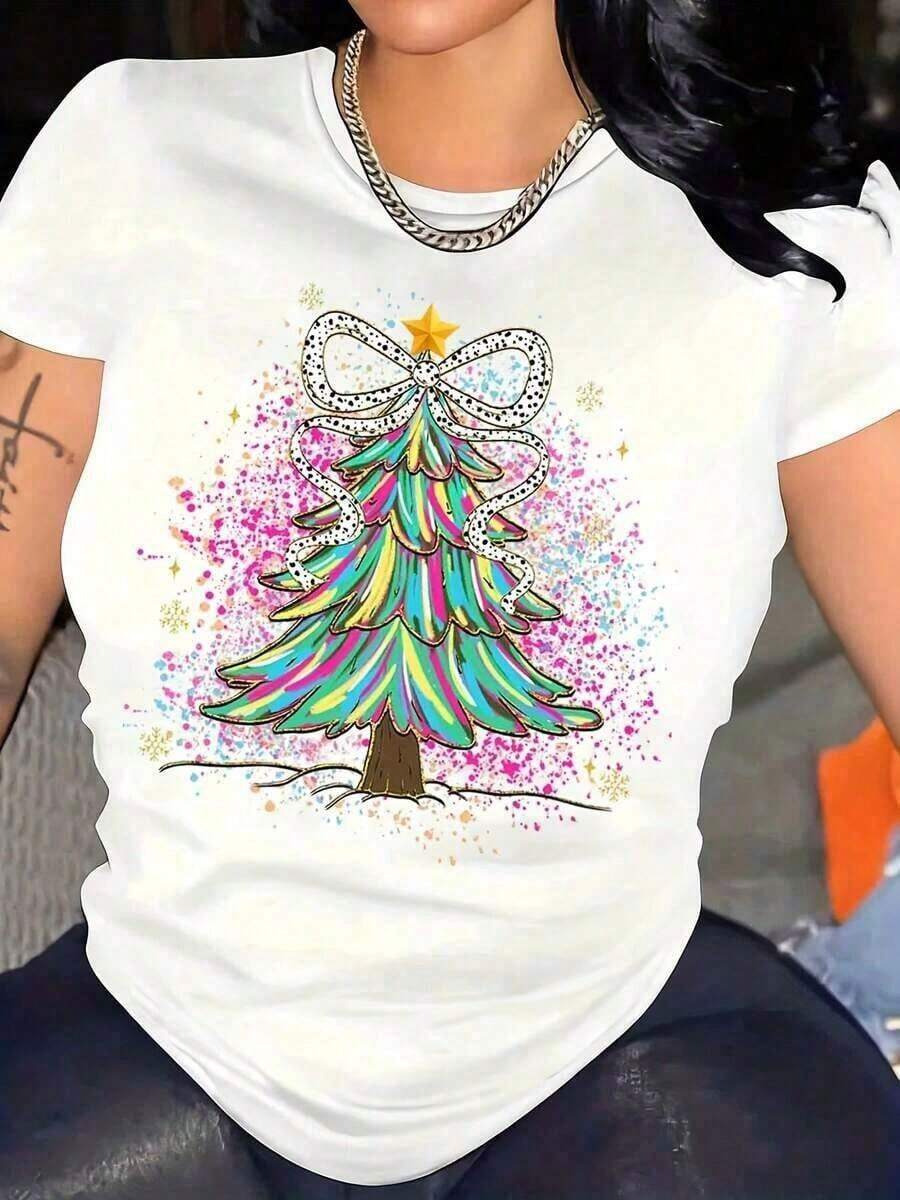 Women's Casual T-Shirt With Festive Christmas Tree Design, Rainbow Colors And Sparkling Bow, Perfect For Christmas Parties And Winter Celebrations, Graphic T-Shirt, Graphic T-Shirts For Women, Summer T-Shirt, Casual T-Shirt, Holiday Clothes For Women, Young And Fashionable Design. - 白色 - 查看 1