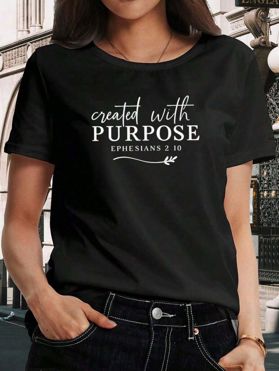 Women's T-Shirt With Artistic Print By "PURPOSE" | Short Sleeves, Round Neck, Casual Everyday Wear, Breathable And Stretchy Fabric, Machine Washable, Comfortable, Motivational Design, Suitable For Spring, Summer, And Autumn. Casual Blouses For Women. - 黑色 - 查看 1