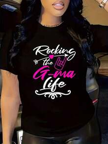 Women's Graphic T-Shirt "Rocking The G-Ma Life" - 200g Soft Casual T-Shirt With Black And Pink Letter Print, Contrast Design, Crew Neck, Machine Washable, All-Season Comfort, Women's T-Shirts, Women's Blouses > Clothing - 黑色 - 查看 7