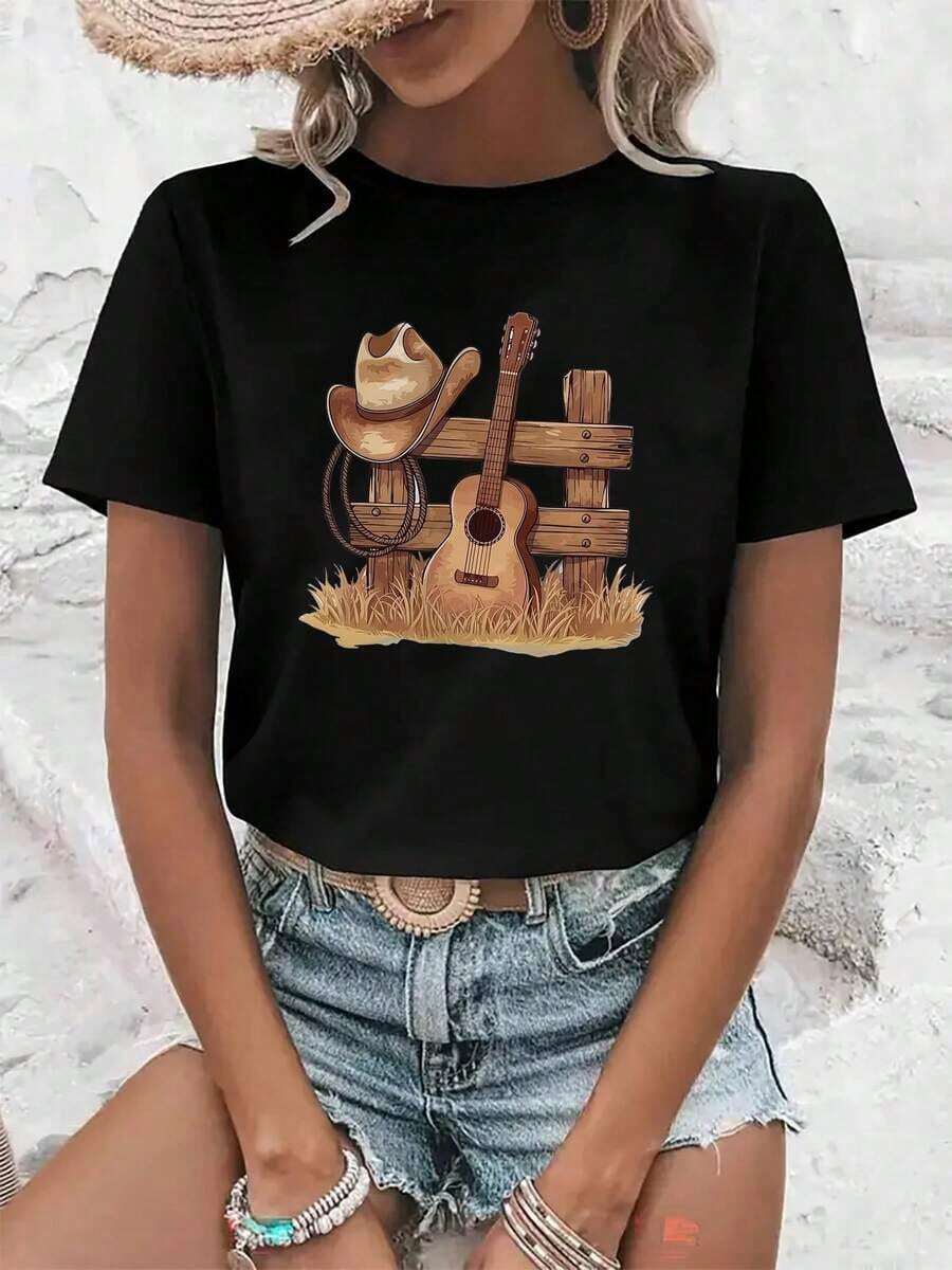 Women's Cotton T-Shirts. Casual Short-Sleeved T-Shirt For Women - Printed Design, Loose Round Neck, Breathable Medium-Stretch Fabric, Machine Washable, Versatile Garment For All Seasons, Suitable For Everyday Wear, Fun Prints, Comfortable Material, Modern Style. Basic Women's Blouses - 黑色 - 查看 1