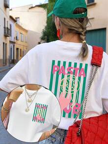 Fun Pasta Women's Summer Sports T-Shirt With Graphic Print, Round Neck, Casual And Versatile, For Everyday Wear, At Home, Going Out Or As A Gift - 白色 - 查看 1