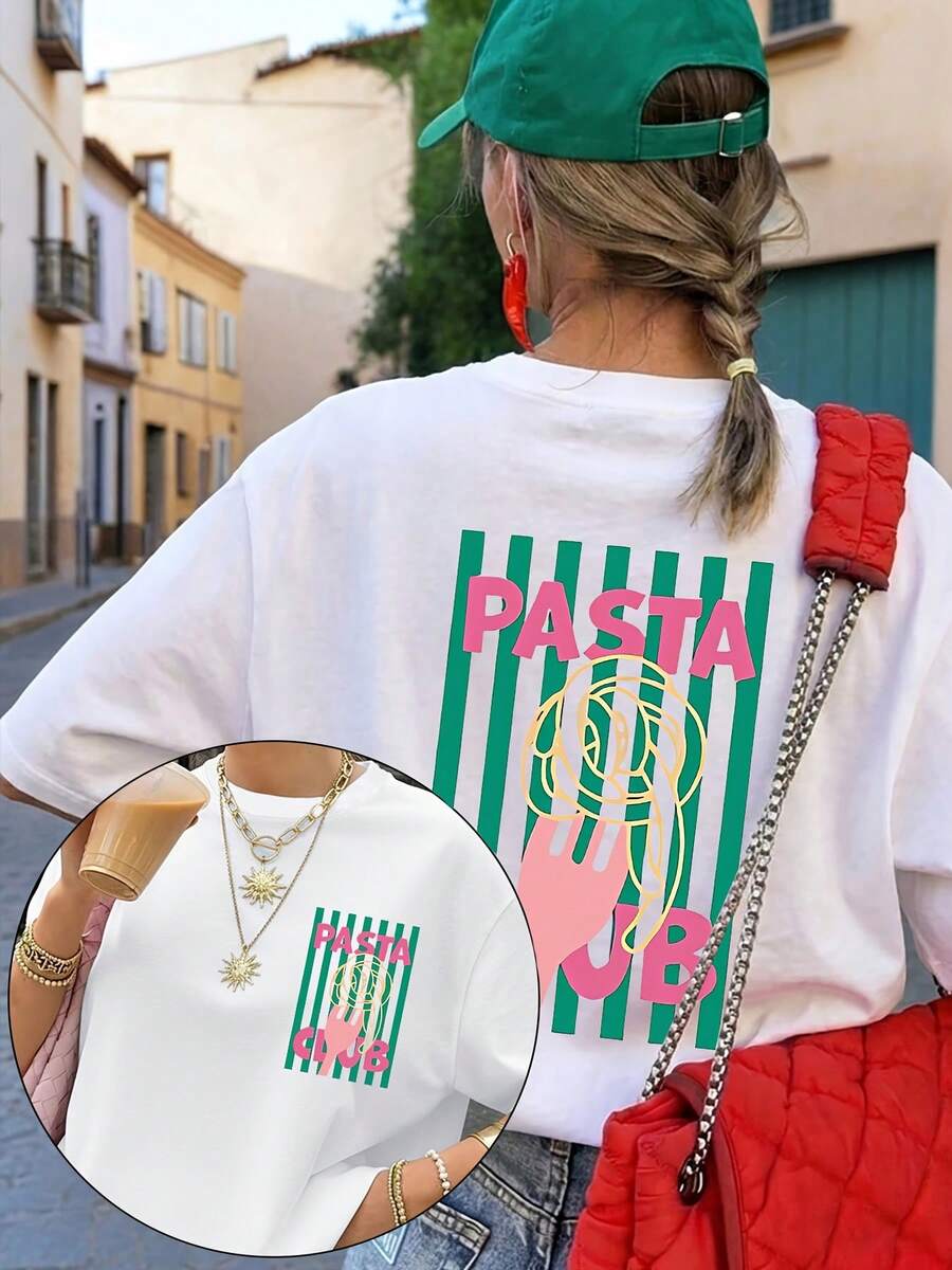 Fun Pasta Women's Summer Sports T-Shirt With Graphic Print, Round Neck, Casual And Versatile, For Everyday Wear, At Home, Going Out Or As A Gift - 白色 - 查看 1