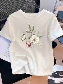 Women's Short-Sleeved T-Shirt, Vintage Style, With Floral Butterfly Print, Modern Minimalist Design - Casual Top, H-Cut, Suitable For All Seasons, In Fabric (Pink/White/Green/Beige) - Elegant And Unique Casual Collection For Everyday Wear. - 白色 - 查看 1