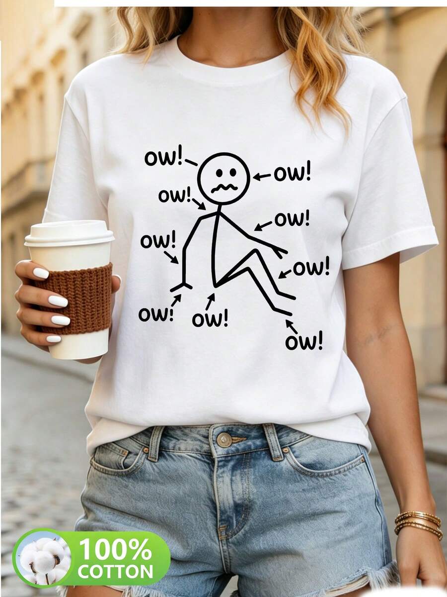 Women's Casual Short Sleeve T-Shirt - With Fun "Ouch!" Print. Casual Style, Round Neck, Breathable 100% Cotton Fabric, Machine Washable, Casual Wear For Spring, Summer And Autumn, Available In Multiple Colors, Stylish Blouses For Women. - 白色 - 查看 1