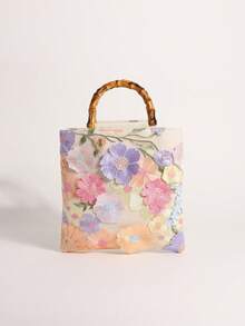 Fashionable Colorful Sequin Contrast Mesh Embroidered Jacquard Elegant Lady Bamboo Handle Tote Bag, Linen Handbag For Party & Holiday, Floral Pattern Randomly Sent - Beige - View 4
